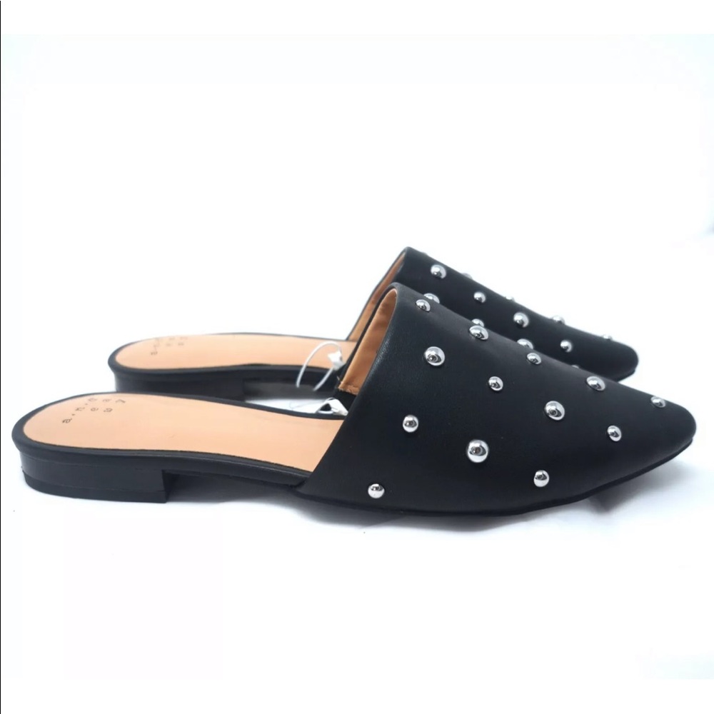 Studded Mule Flats Pointed Toe Black Vegan Leather
